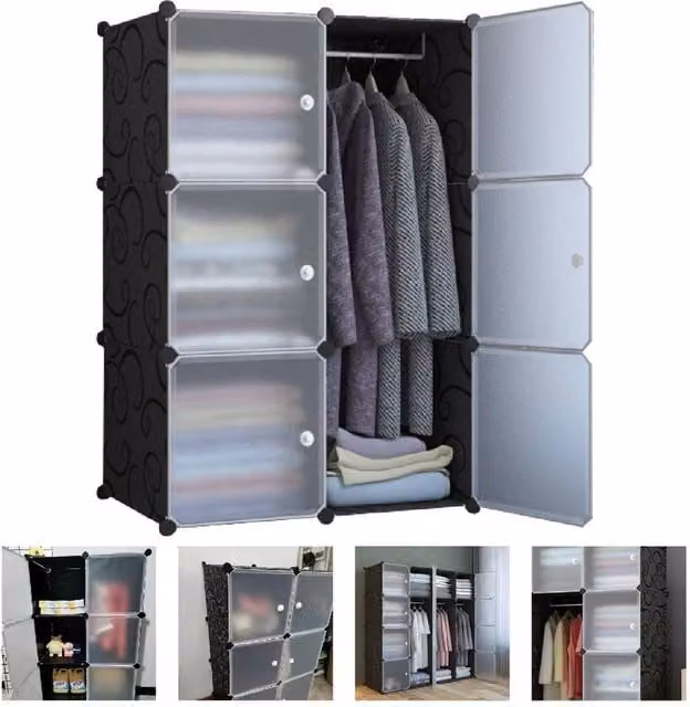 Nordara Modern Black Plastic Freestanding Wardrobe with Hinged Doors and Hanging Rod – 1