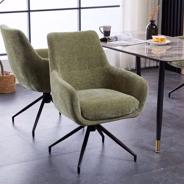 FURNITURE ONE Set of 2 Padded Green Fabric Dining and Task Chairs with Metal Frame