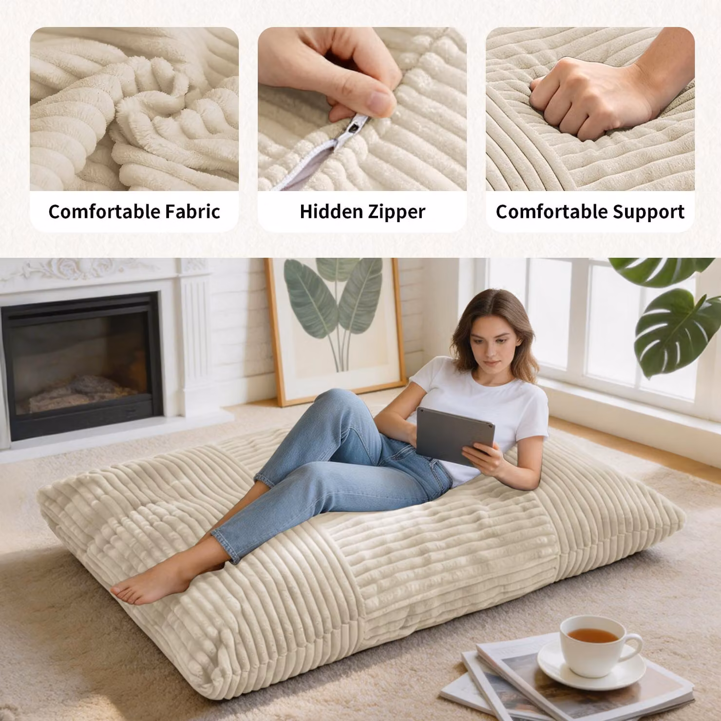 Aosom UK Convertible Bean Bag with Soft Ribbed Corduroy Cover and Shredded Memory Foam, White, W: 125 cm, L: 180 cm – 5