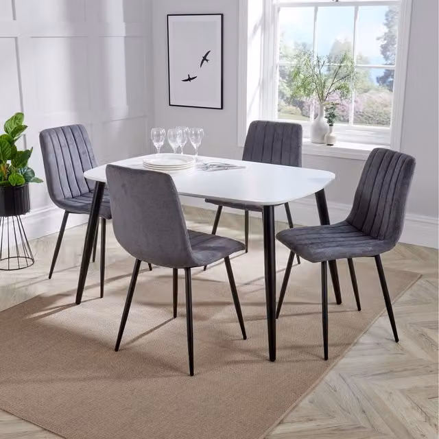 Core Products Ltd Aspen White Rectangular Dining Table and 4 Grey Cord Fabric Chairs Set, W/D/H: 120 x 80 x 75 cm