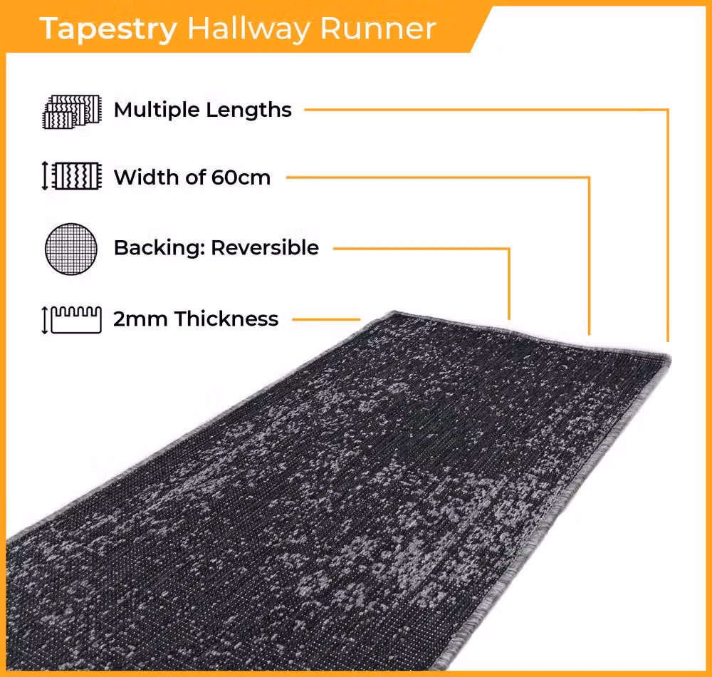 runrug Tapestry Black Reversible Indoor/Outdoor Carpet Runner, W: 60 cm, L: 360 cm – 2