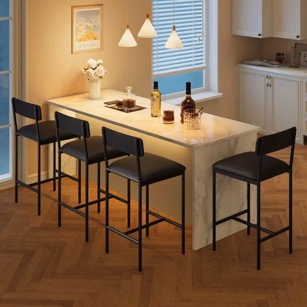FORGEVIO Set of 4 Retro Island Counter Bar Stools in Black with Synthetic Leather and Metal Frame – 2