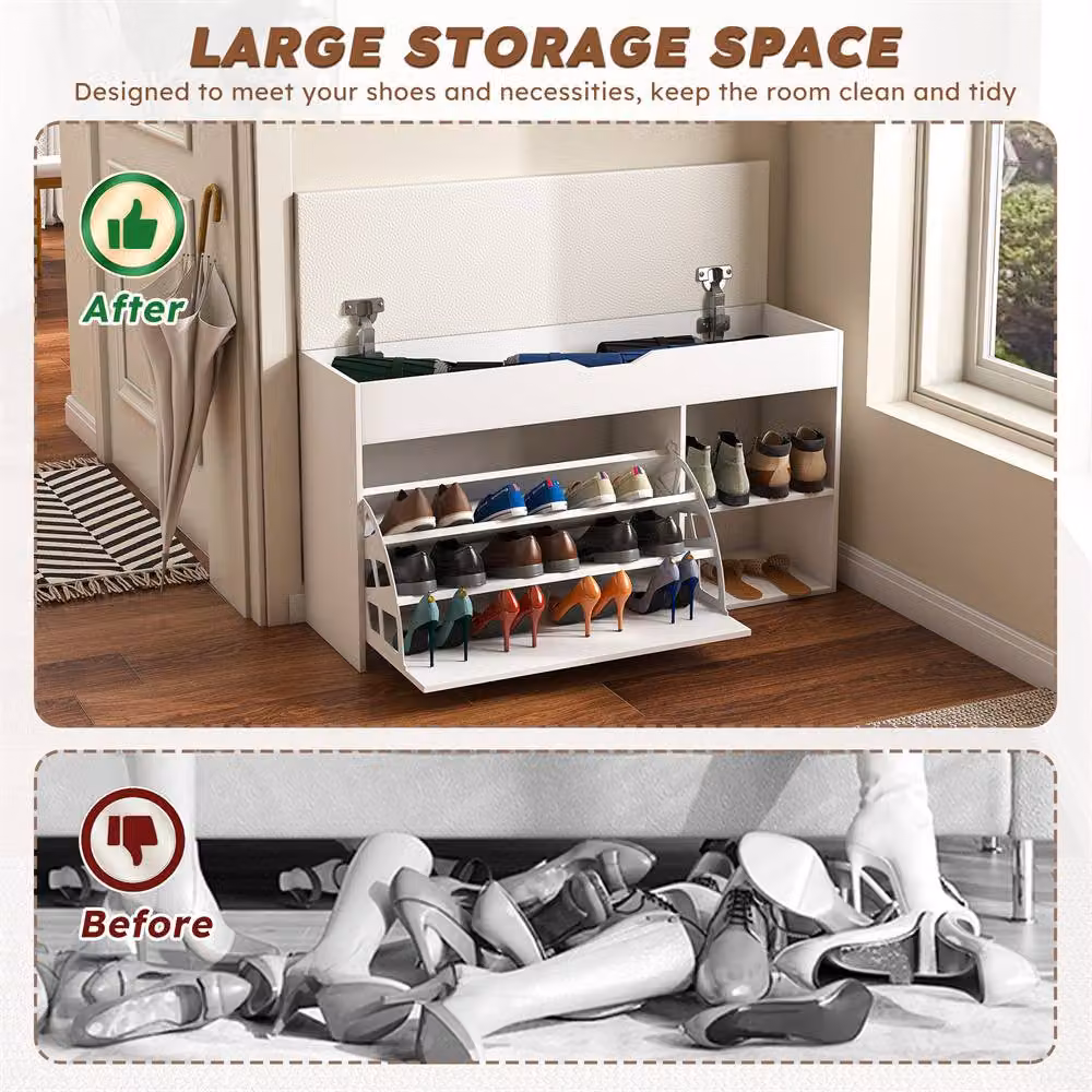 Direct Wicker White 3-Tier Rattan Entryway Bench with Shoe Storage and Flip-Up Drawers – 4