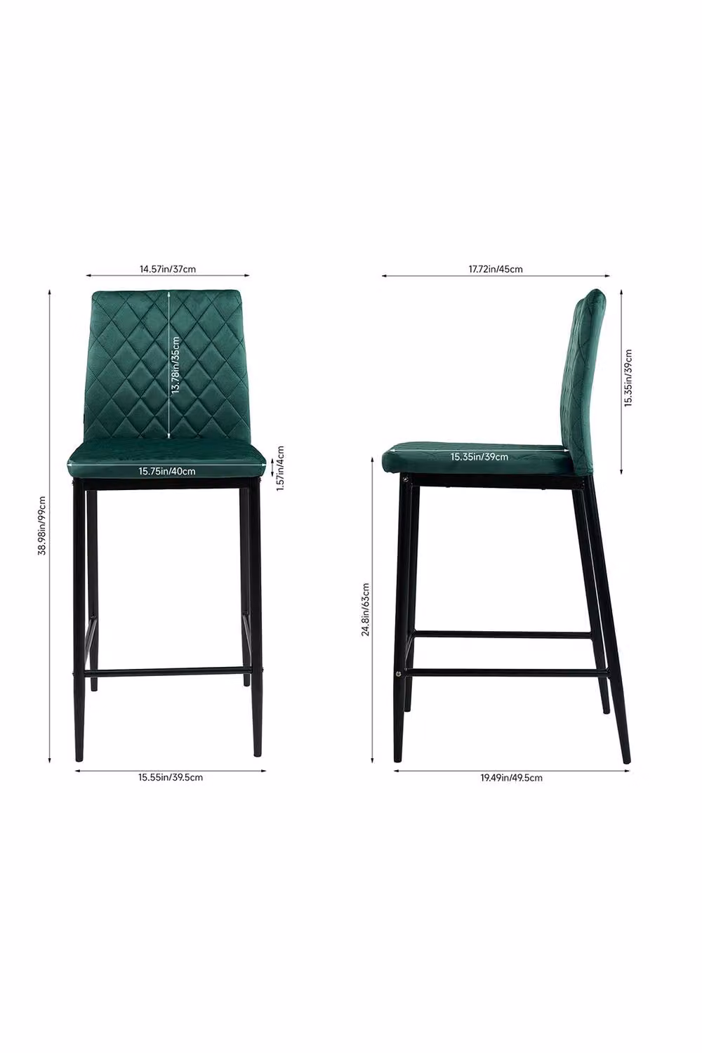 Living and Home Set of 2 Modern Upholstered Velvet Bar Stools in Dark Green with Metal Frame – 2