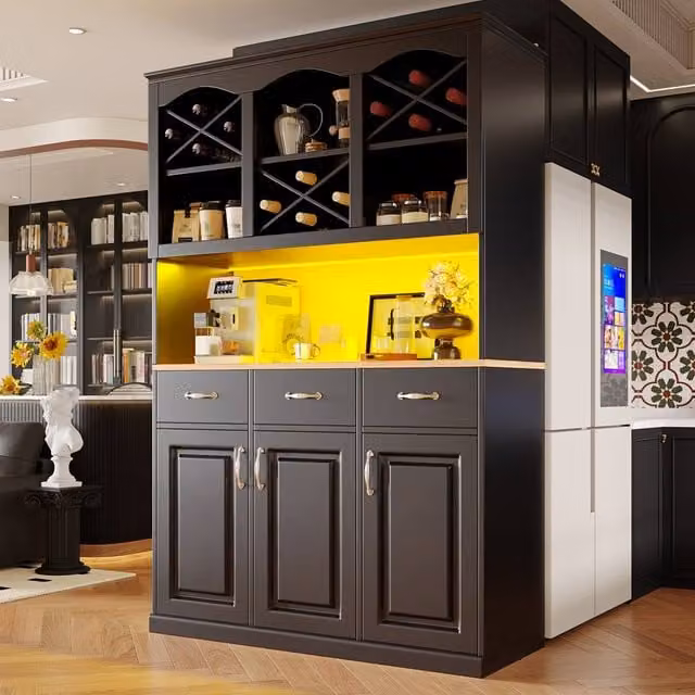 Rolipo Tall Black Multi-Purpose Kitchen Cabinet with Integrated LED Lighting – 1