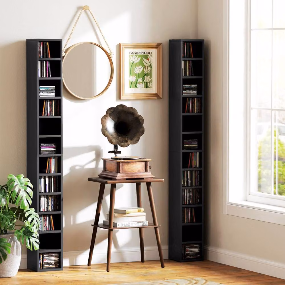 Wyld Haus Nisapa Black Wood Tall Narrow Media Storage Tower H: 175 cm, W: 21 cm, D: 20 cm – 8