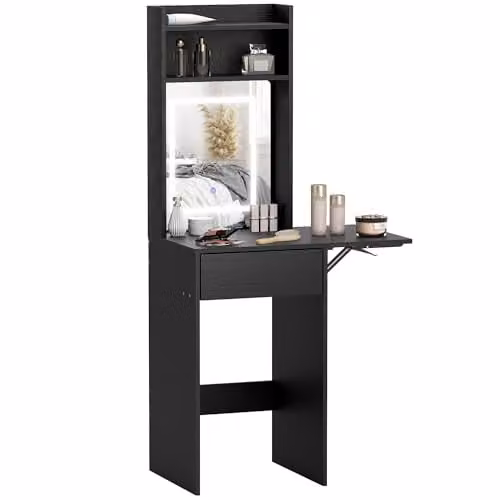 HOMCOM Modern Black Drop Leaf Dressing Table with Hollywood LED Mirror and Storage Shelves, W/D/H: 152 x 45 x 45 cm – 1