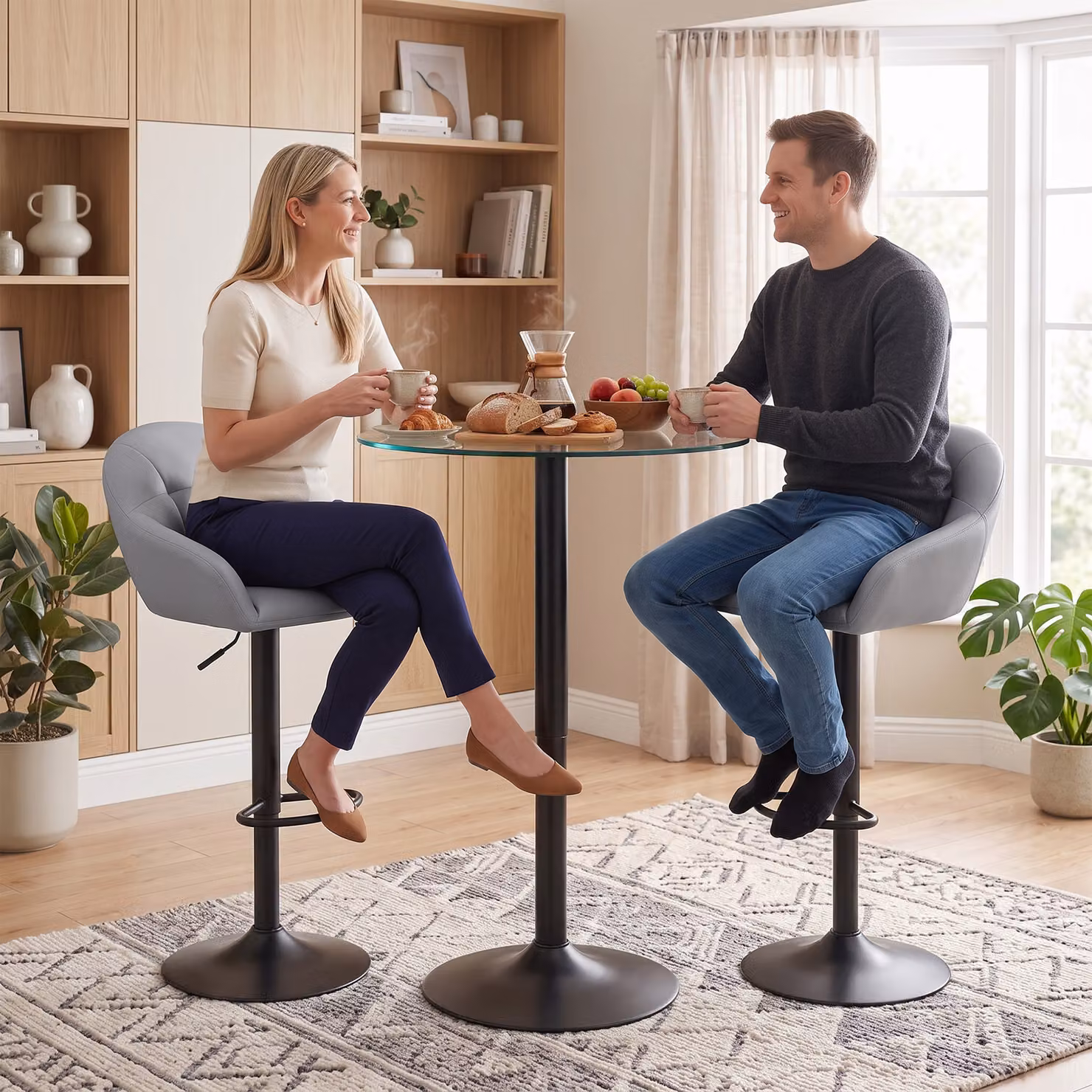 HOMCOM Set of 2 Grey Adjustable Height Bar Stools with Armrests and Backrests – 5