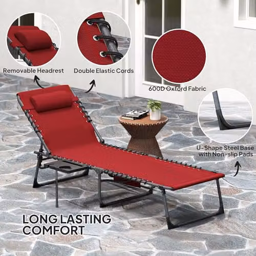Outsunny Red Folding Sun Loungers with Cup Holder and Side Pocket – 4