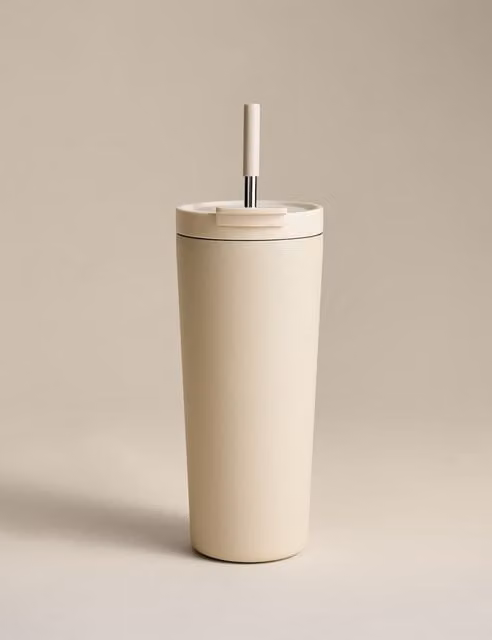 M&S Double Walled Stainless Steel Straw Cup with Lid, 700ml, Beige