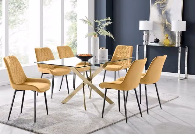 FurnitureboxUK Leonardo Gold Dining Table with Six Pesaro Black Leg Chairs in Mustard and Transparent Glass