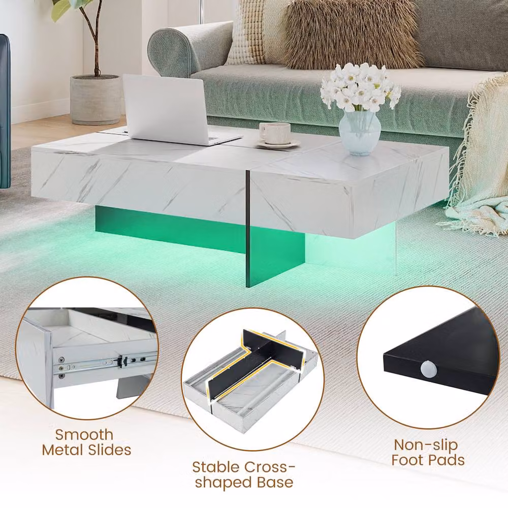 Costway Modern Rectangular LED Coffee Table with 3 Drawers in White – 4