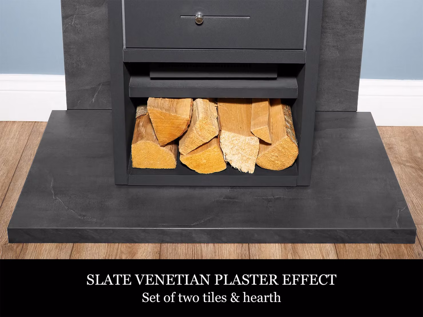 Acantha Tile and Hearth Set in Grey Slate Venetian Plaster Effect with Bergen XL Stove and Angled Pipe – 3