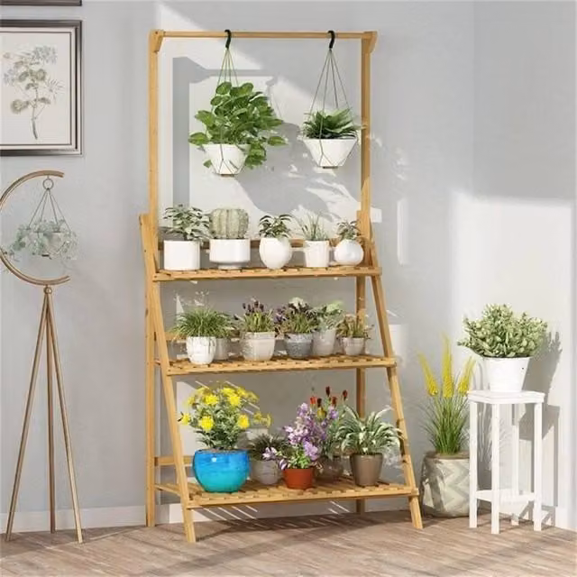 EONLION 3 Tier Ladder Fold Shelf with Hanging Rack in Brown