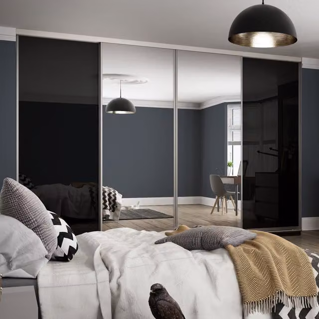Spacepro Silver Frame 914mm Glass and Mirror Contour Sliding Door Kit in Black Glass