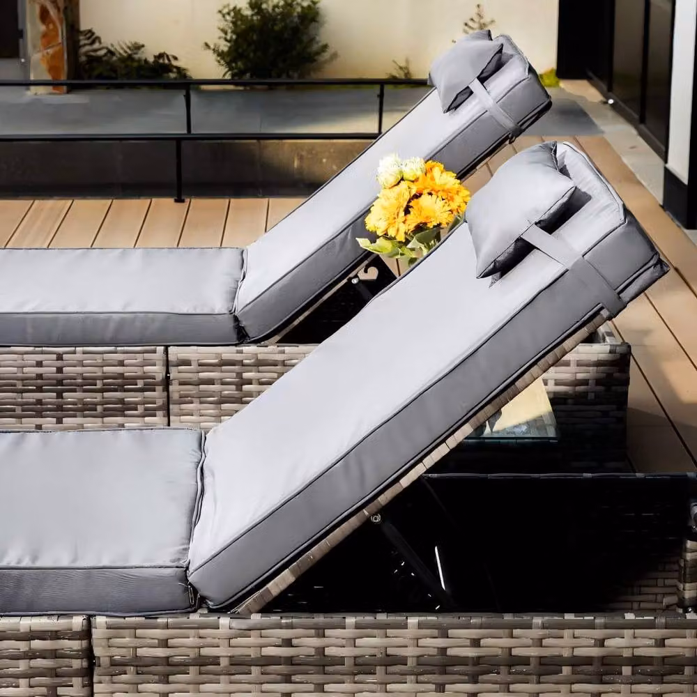 Furniture Maxi Vancouver Grey Polyrattan Sun Lounger Set with Weatherproof Cushions and Side Trays – 2