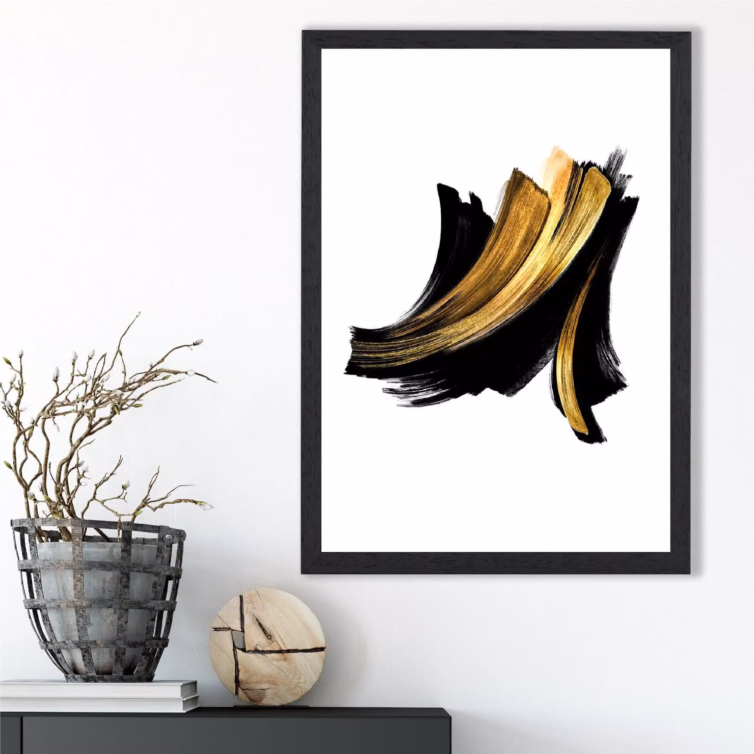ARTZE Abstract Black, Gold and White Paint Strokes Framed Print in Black Frame – 2