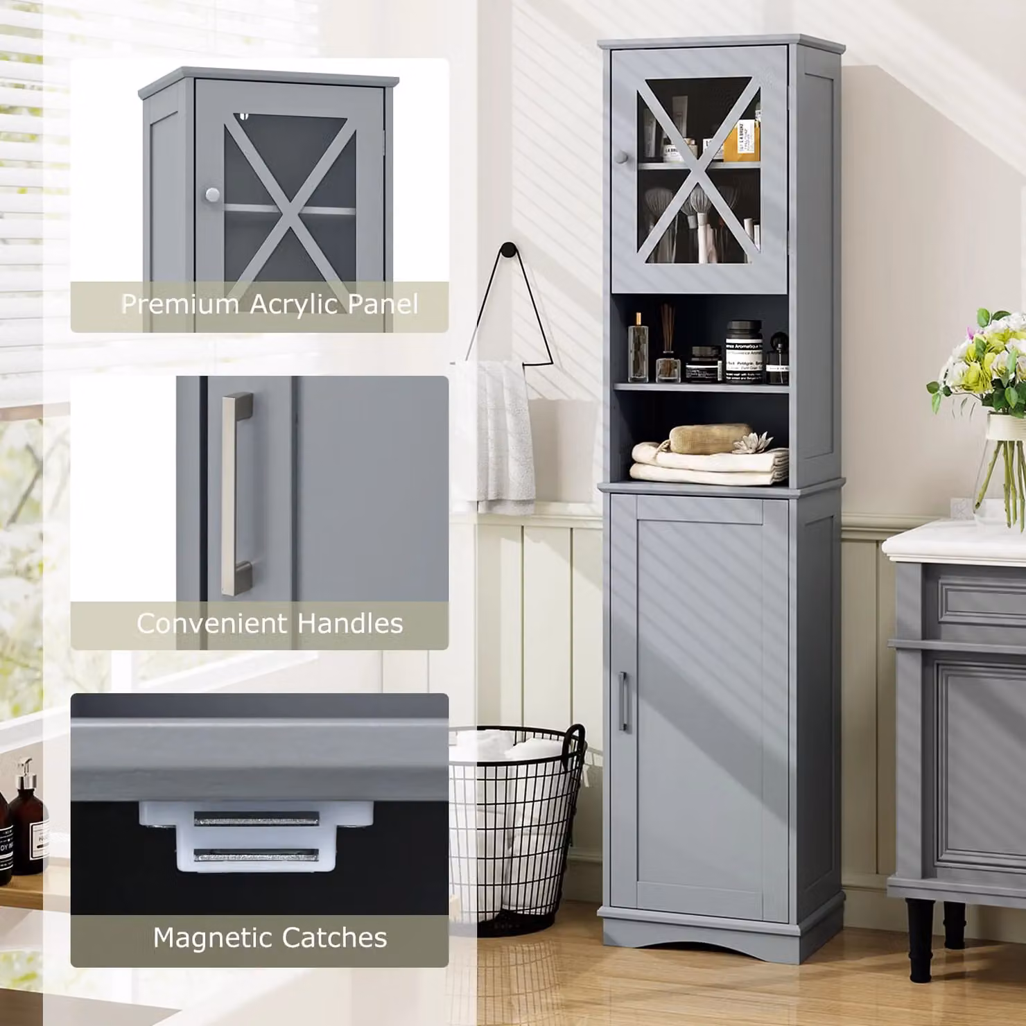 Costway Grey Freestanding Corner Bathroom Storage Cabinet with Internal Shelves and Open Shelf Design – 2