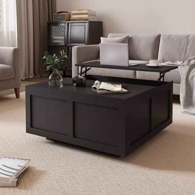 Pawnora Black Modern Lift Top Coffee Table with Large Wood and Glass Storage, W: 100 cm, D: 54 cm, H: 15 cm – 1