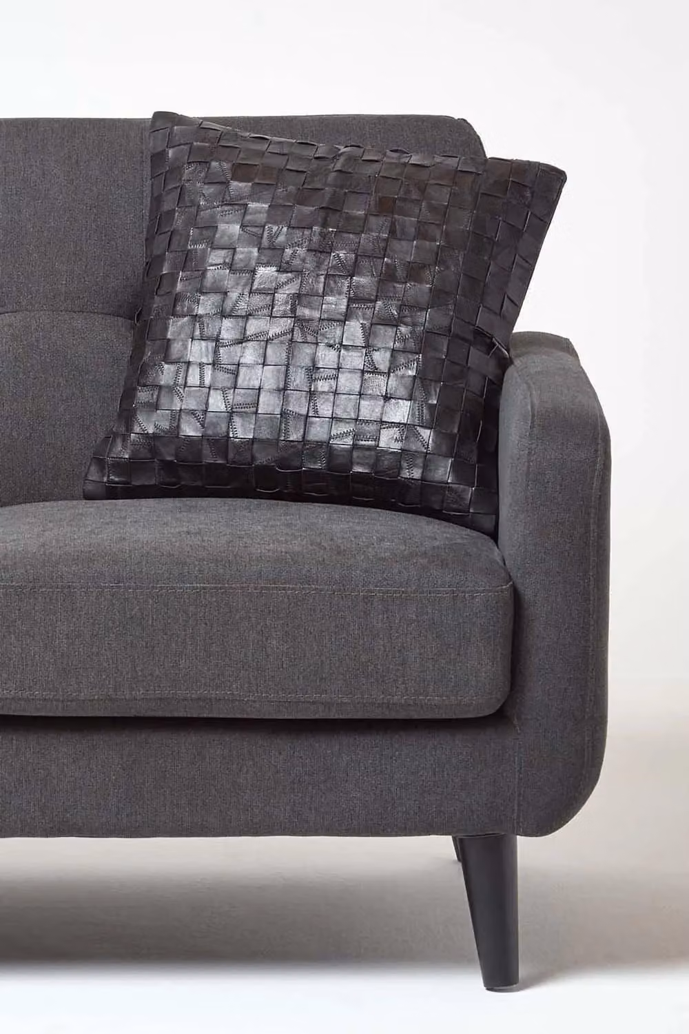 Homescapes Black Real Leather Basketweave Check Suede Cushion with Feather Filling, W x H: 45 x 45 cm – 3