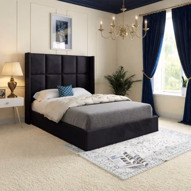 KDMD Stambourne Winged Upholstered Designer Bed Frame in Black Soft Velvet, W/D/H: 90 x 200 cm