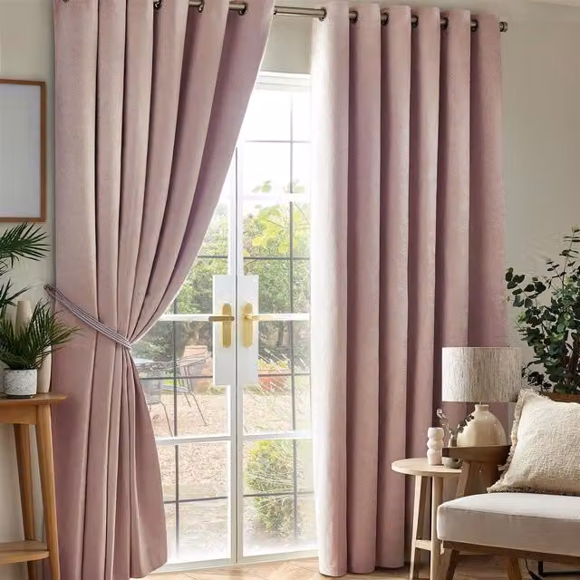 Livinluxury Pink Chenille Blackout Eyelet Curtains, W: 168 cm, H: 229 cm