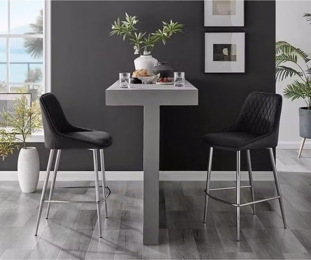 FurnitureboxUK Set of 2 Fletcher Black Velvet Breakfast Bar Stools with Silver Metal Legs