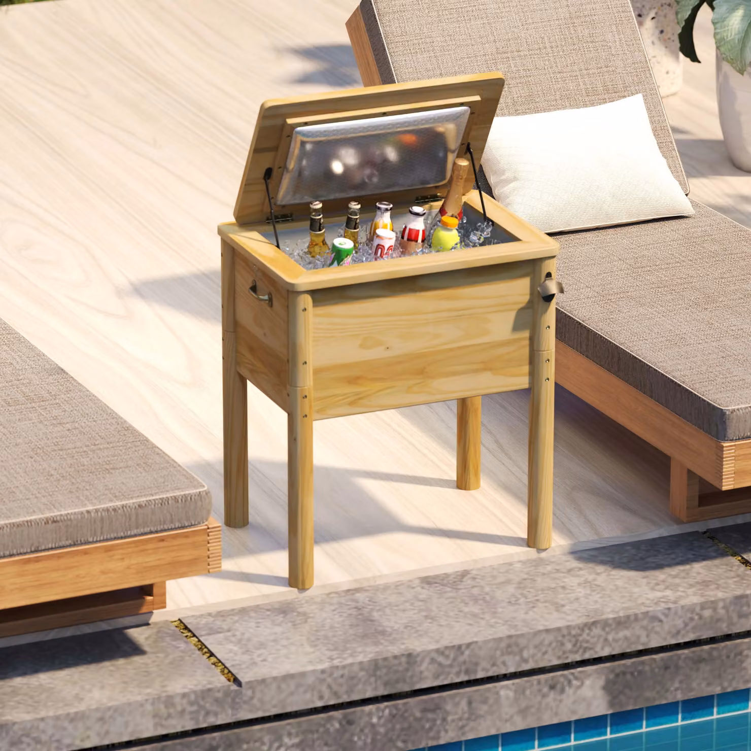 Costway Wooden Outdoor Beverage Cooler with 3 Handles, 51 L, Brown – 4