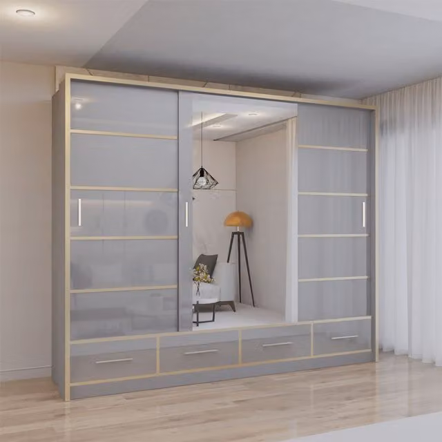 Sliding Wardrobes 4U Modern High Gloss Sliding Wardrobe with Integrated LED Light, Grey, W: 253 cm, H: 220 cm – 1