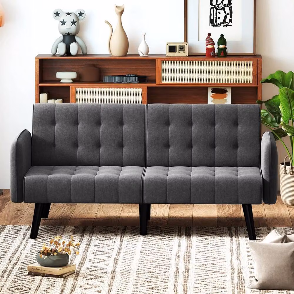 KORVIXA Grey Convertible Futon Sofa Bed with Adjustable Headrests and Solid Wood Frame, 164 cm – 7