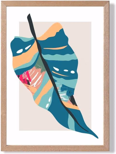 ARTZE Tropical Palm Boho Botanical Framed Print in Blue and Pink with Oak Frame, A3