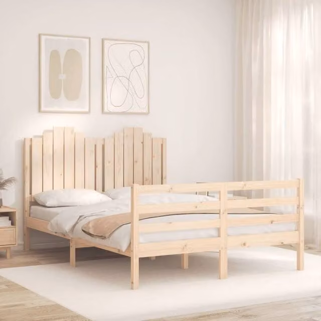 Berkfield Home Beautiful Double Solid Pine Wood Bed Frame with Headboard, Brown, W: 140.5 cm, H: 110 cm, D: 200 cm