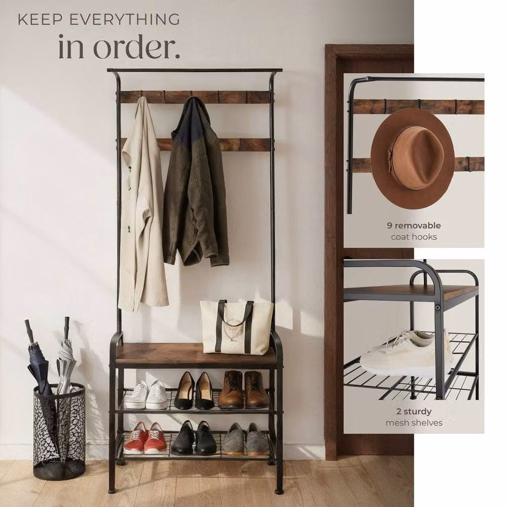 tectake Wichita Industrial Hall Tree with Bench and Dual Hook and Rail Matrix in Brown, Width: 85.5 cm – 3