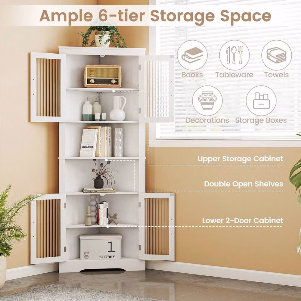 KORVIXA White Tall Corner Cabinet with Glass Doors and Internal Shelves, Height: 171 cm – 2
