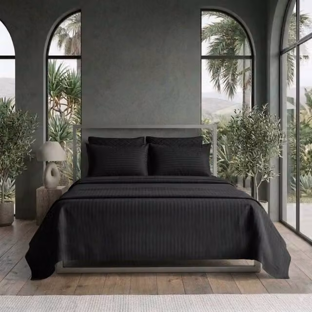 Snug City Luxury Satin Stripe T250 Cotton Rich Soft Flat Sheet Bed Linen in Black, Size: 200 x 200 cm – 1