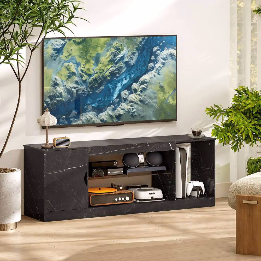 STILVORA Modern TV Stand with Cabinet and Glass Shelf in Black – 7