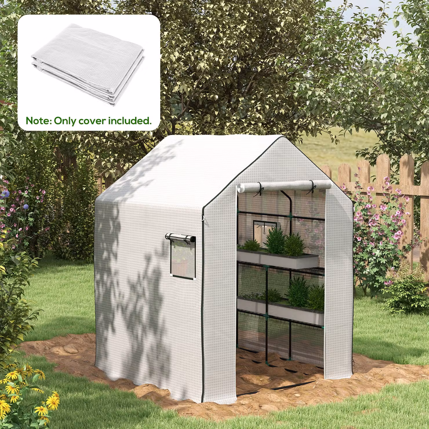 Outsunny White PE Replacement Walk-In Greenhouse Cover with Roll-Up Door and Windows, W/D/H: 140 x 143 x 190 cm – 2
