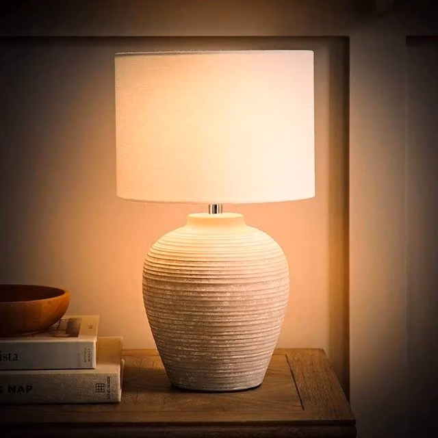 SPETLEK Ceramic Table Lamp with Beige Linen Drum Lampshade and LED Bulb