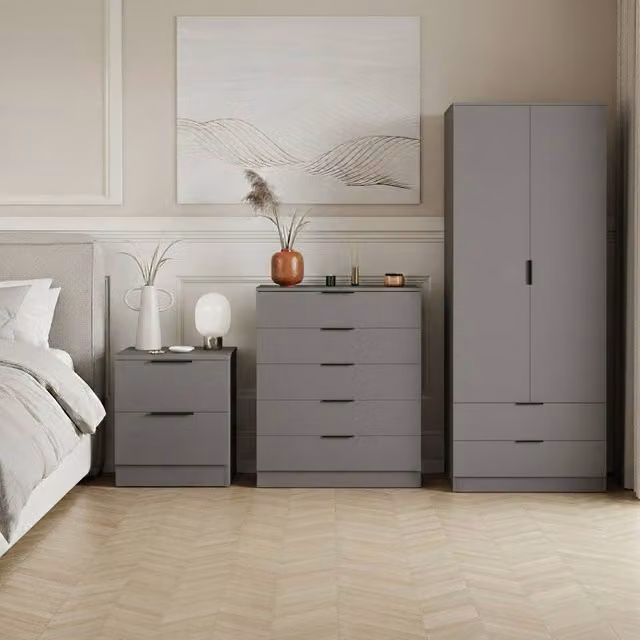 Vida Designs Trega 3-Piece Grey Bedroom Set including Wardrobe, 5-Drawer Chest and 2 Bedside Tables