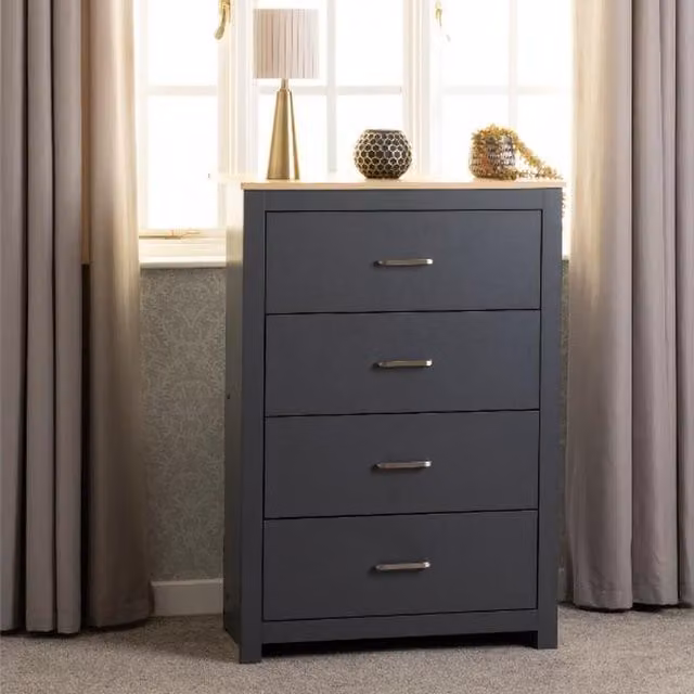 Seconique Portland 4 Drawer Chest in Grey Oak Wood