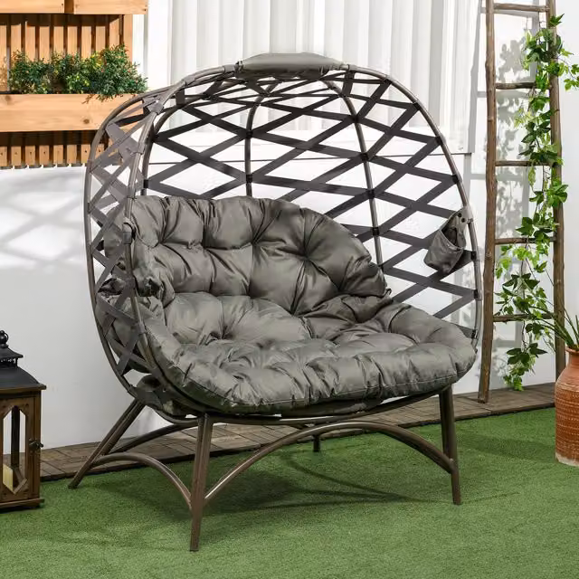 Outsunny 2 Seater Outdoor Egg Chair with Cushions and Cup Holders in Grey