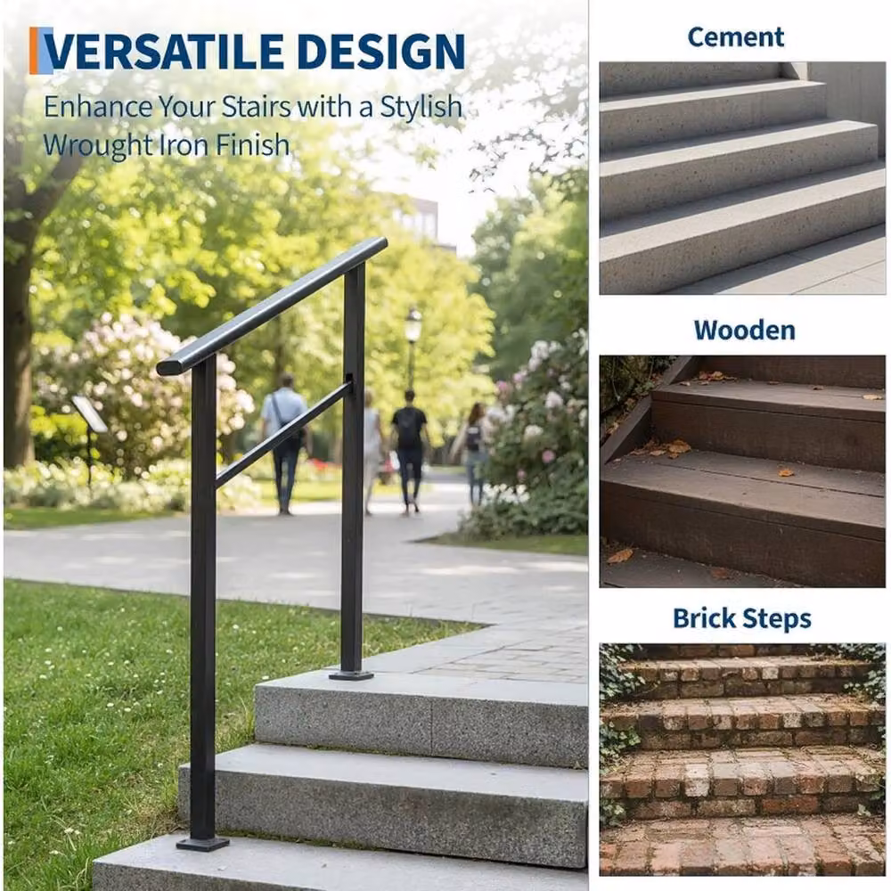 VOGREX Non-Slip Outdoor Stair Handrail Kit for 3 Steps in Matte Black Aluminium – 3