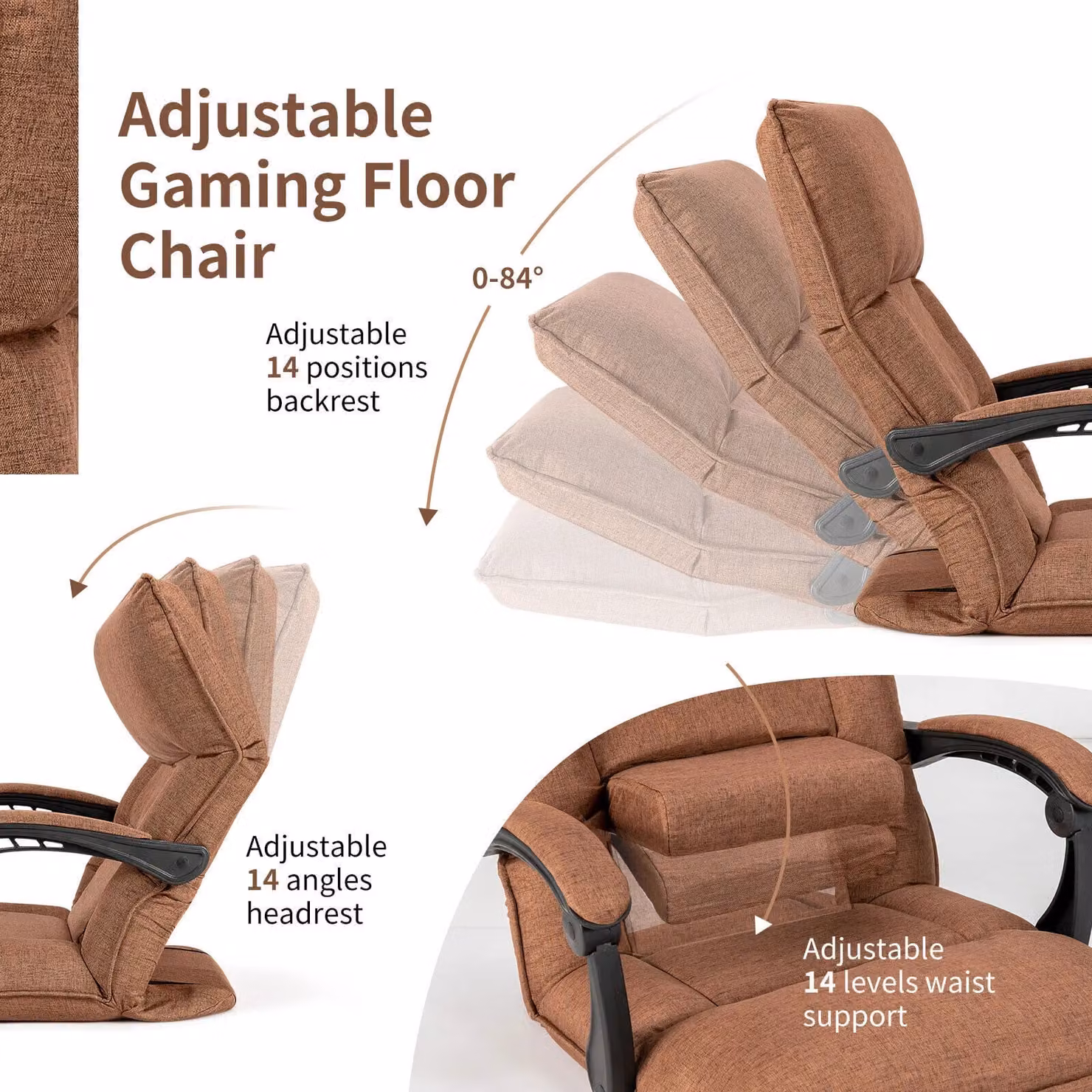 Costway Adjustable Dark Brown Fabric Gaming Floor Chair with Linkage Armrests and Headrest – 5