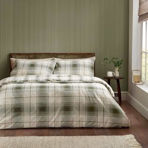 Catherine Lansfield Troon Check Brushed Flannelette Cotton Duvet Cover and Pillowcase Set, Green, W/D/H: 200 x 180 cm, Pillowcase: 50 x 75 cm – 1