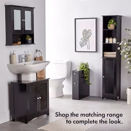 VonHaus Shrewsbury Freestanding Under Sink Bathroom Cabinet with Roll Shutter Doors and Internal Shelves, Black – 6