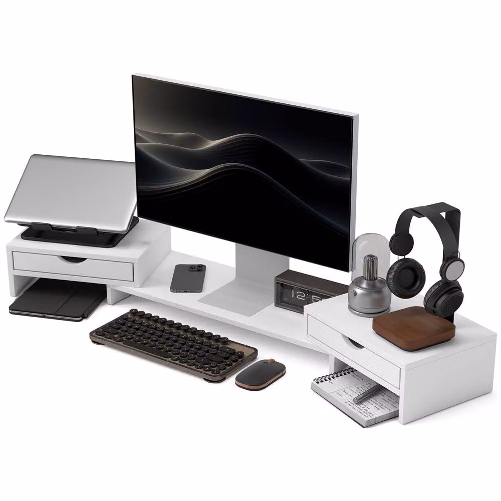STILVORA Adjustable Monitor Stand Riser with 2 Drawers, White – 5