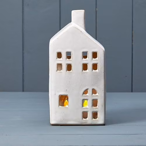 Gift Company White Ceramic House Tealight Holder with Reactive Glaze, W/D/H: 10.3 x 6.9 x 20.8 cm