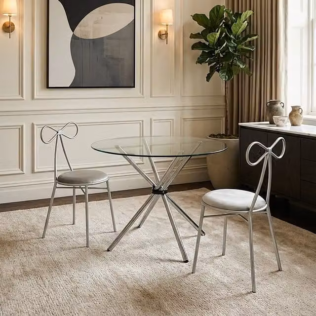 Orsina Modern Round Dining Table with Transparent Glass Top and Silver X-Frame Base