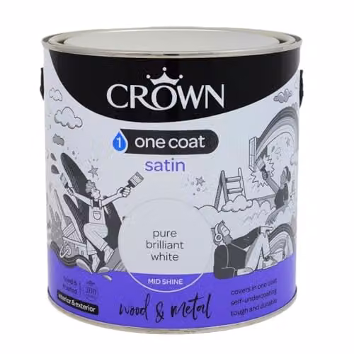 Crown One Coat Satin Wood and Metal Paint, White, 0.75 l – 1