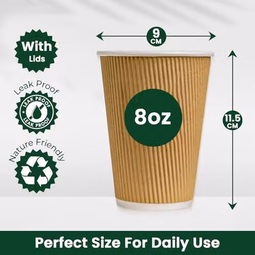 ECONX 50 Pack Disposable 8oz Brown Ripple Kraft Paper Coffee Cups with White Lids – 2